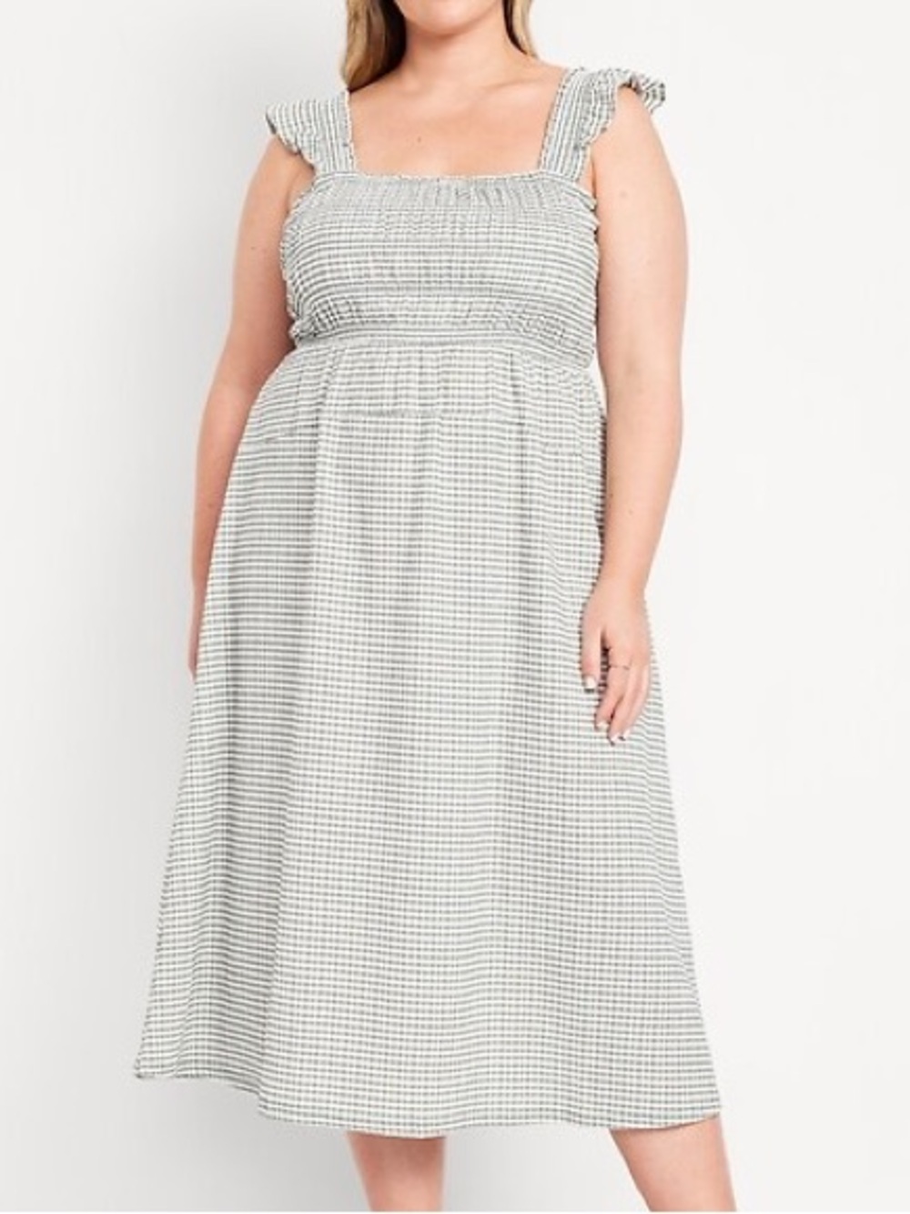 Old Navy White and Green Gingham Smocked Midi Dress
